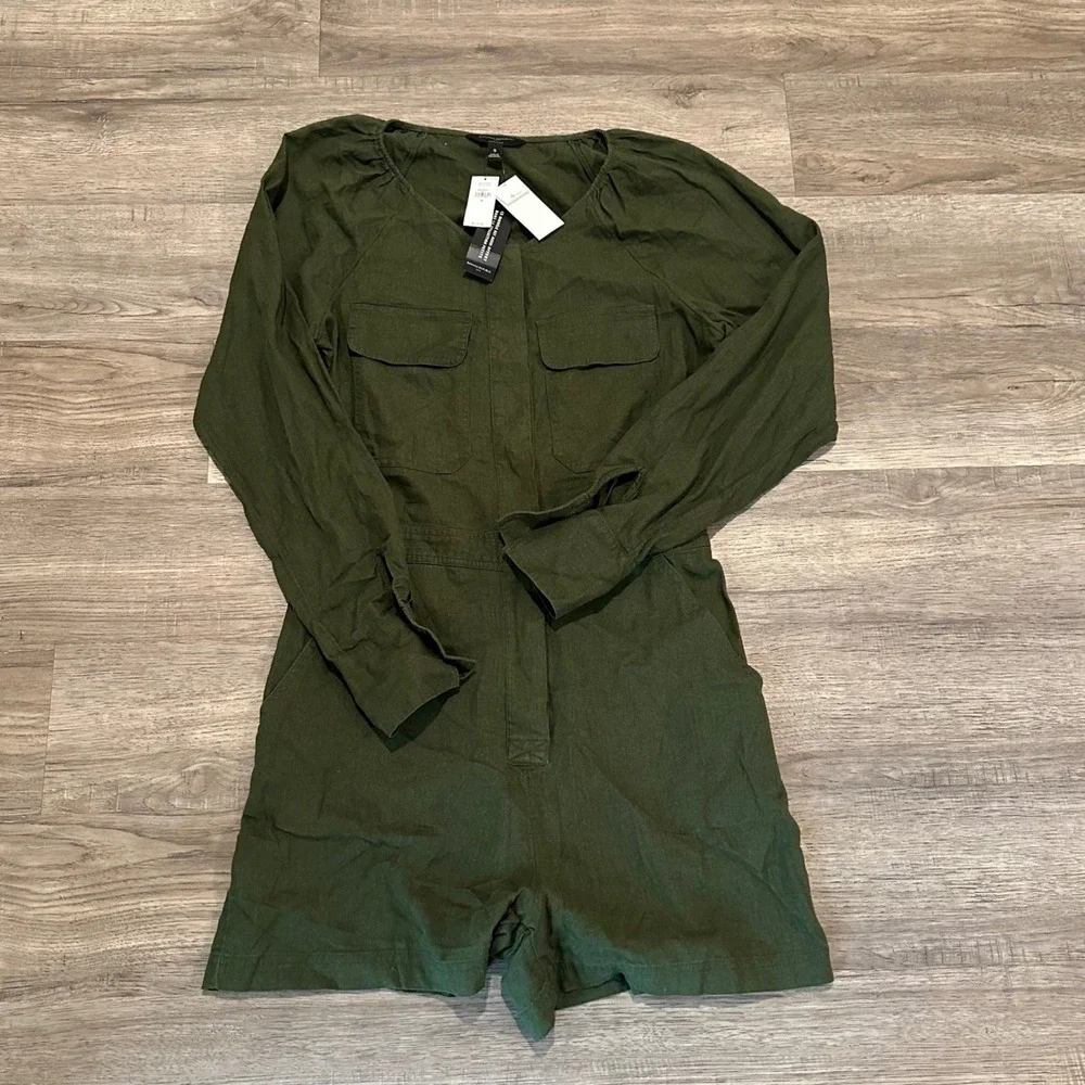 Banana Republic Olive Green Linen Blend Long Sleeve Utility Romper Small 629793